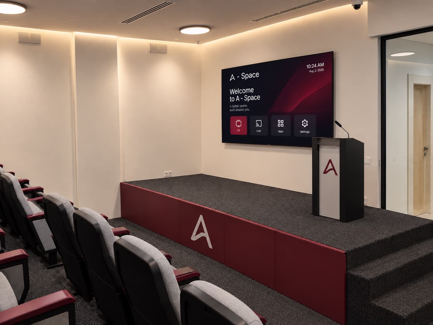 خشبة المسرح بواجهتها الحمراء وعليها حرف A، ومنصّة إلقاء تحمل شعار A-Space، وشاشة على الجدار، والصف الأول من المقاعد